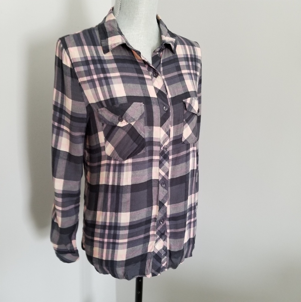 Pink Plaid, Long Sleeve  button-up top.